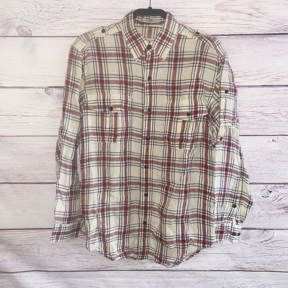 Orvis Mens Shirt Red White Plaid M 100% Linen Button Front Cabincore B30